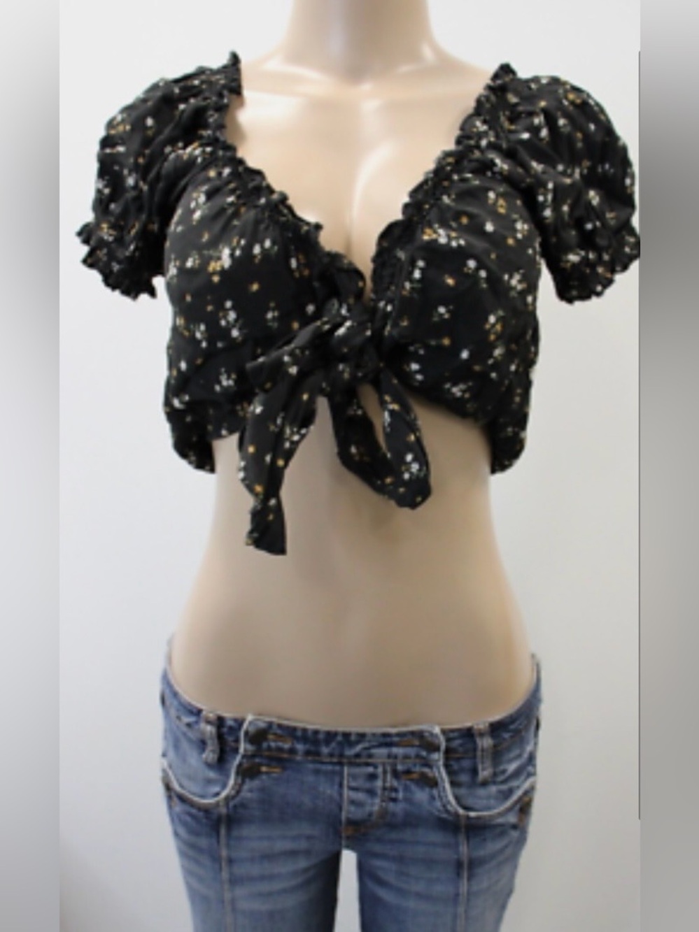NWT American Eagle Top  Floral Puff Sleeve Tie Front Deep V-Neck Crop XS